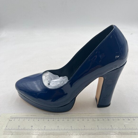 miss left Navy Platform Almond Toe Pumps Classic Slip On Chunky High Heels Shoes - Picture 2 of 8